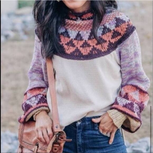 Free People Swit The Small Stuff Purple & Orange Sweater Size Large - Picture 1 of 9